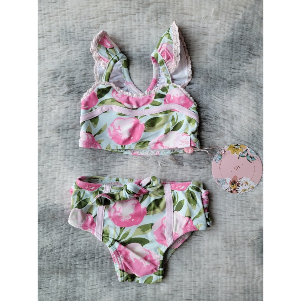 Sweet Honey Baby Girl 6m Bikini NWT Retro Tankini Pink Green Floral Swimsuit